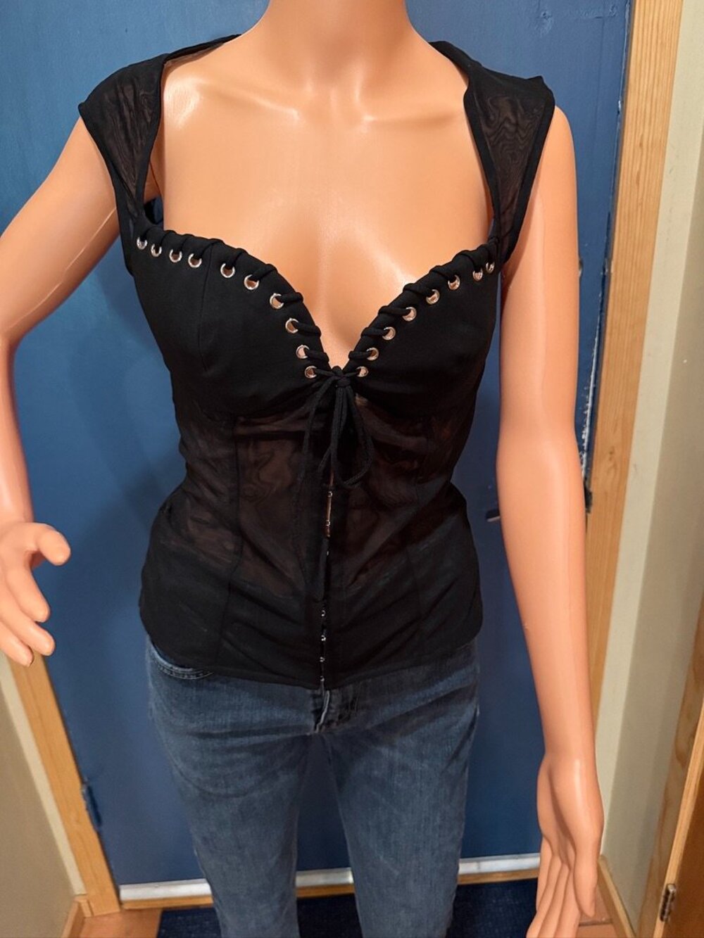 🖤 Fashion Nova Black Mesh Corset Top | Grommet Lace-Up | Sheer | Size Medium